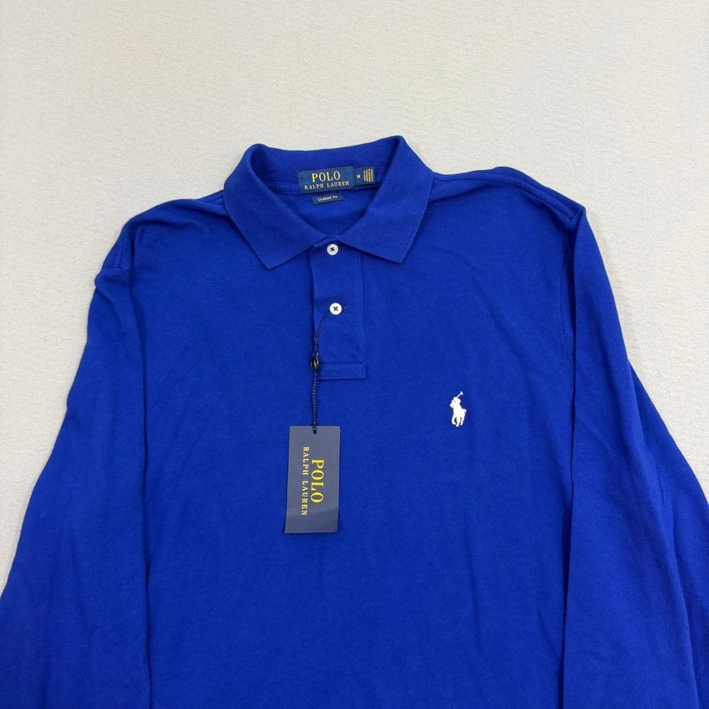 Polo Ralph Lauren Polo Shirt Medium Blue Mesh Long Sleeve Classic Fit Pony NEW